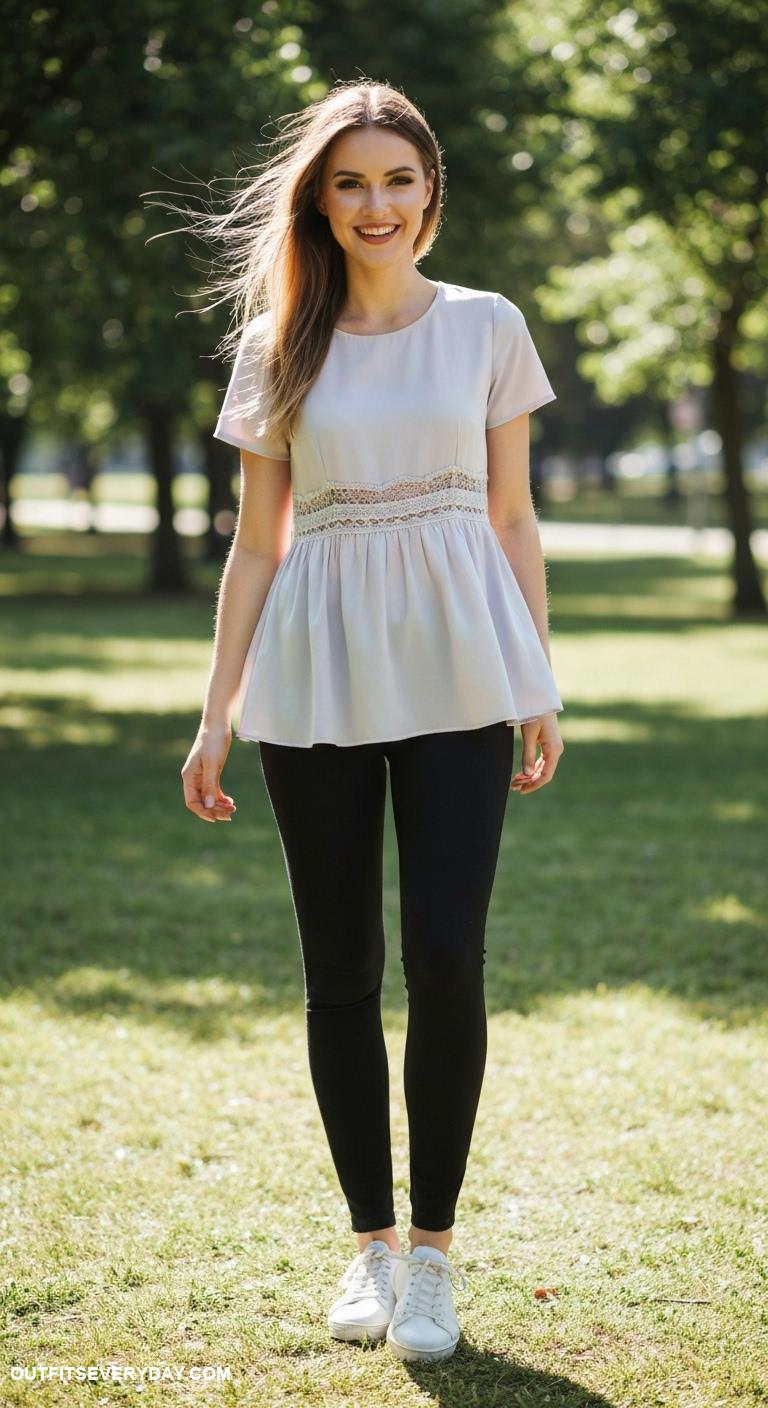 cute outfits with leggings Flowy peplum top with solid color leggings for a balanced look