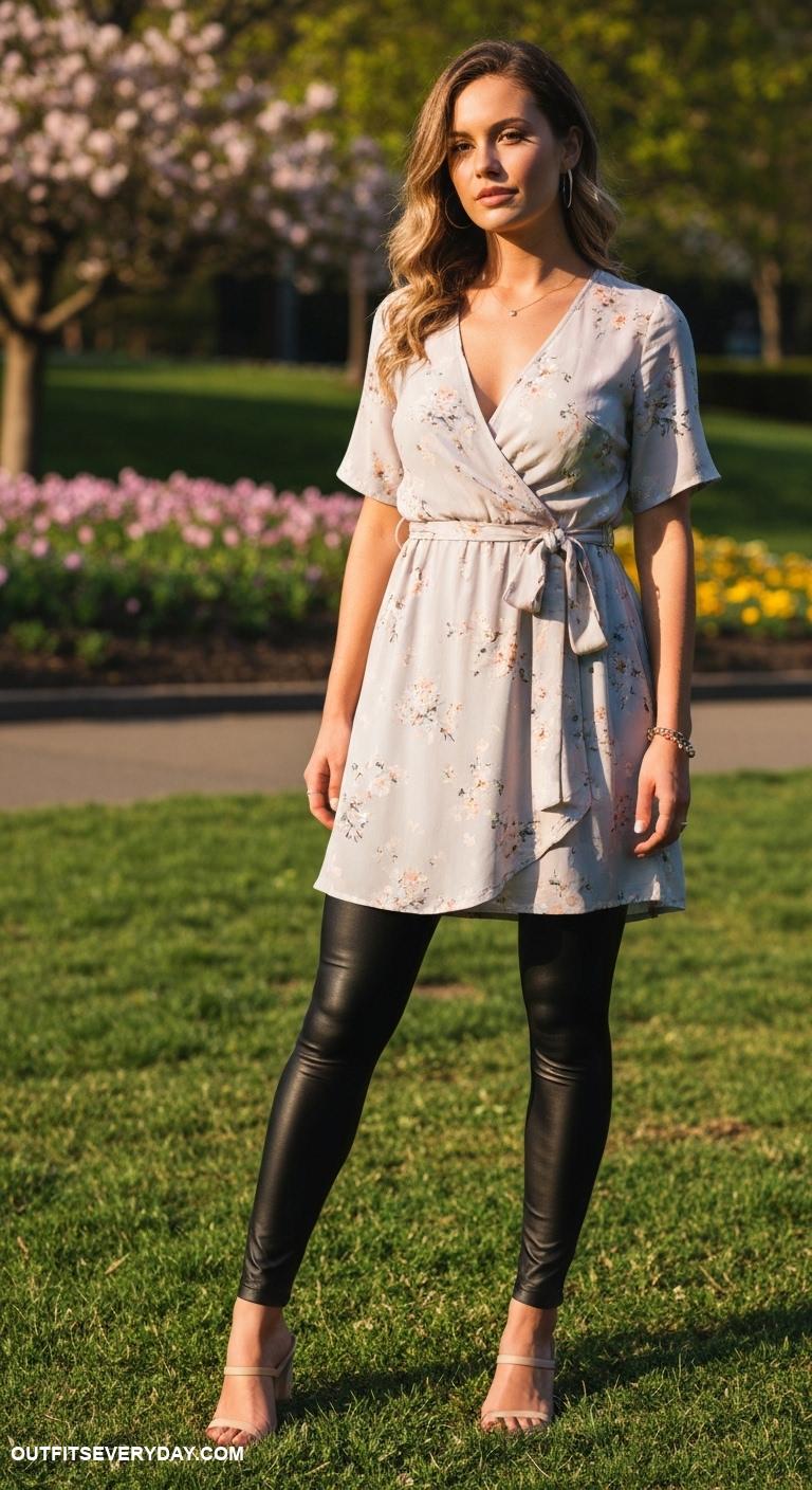 cute outfits with leggings Lightweight wrap dress worn over leggings for layered style