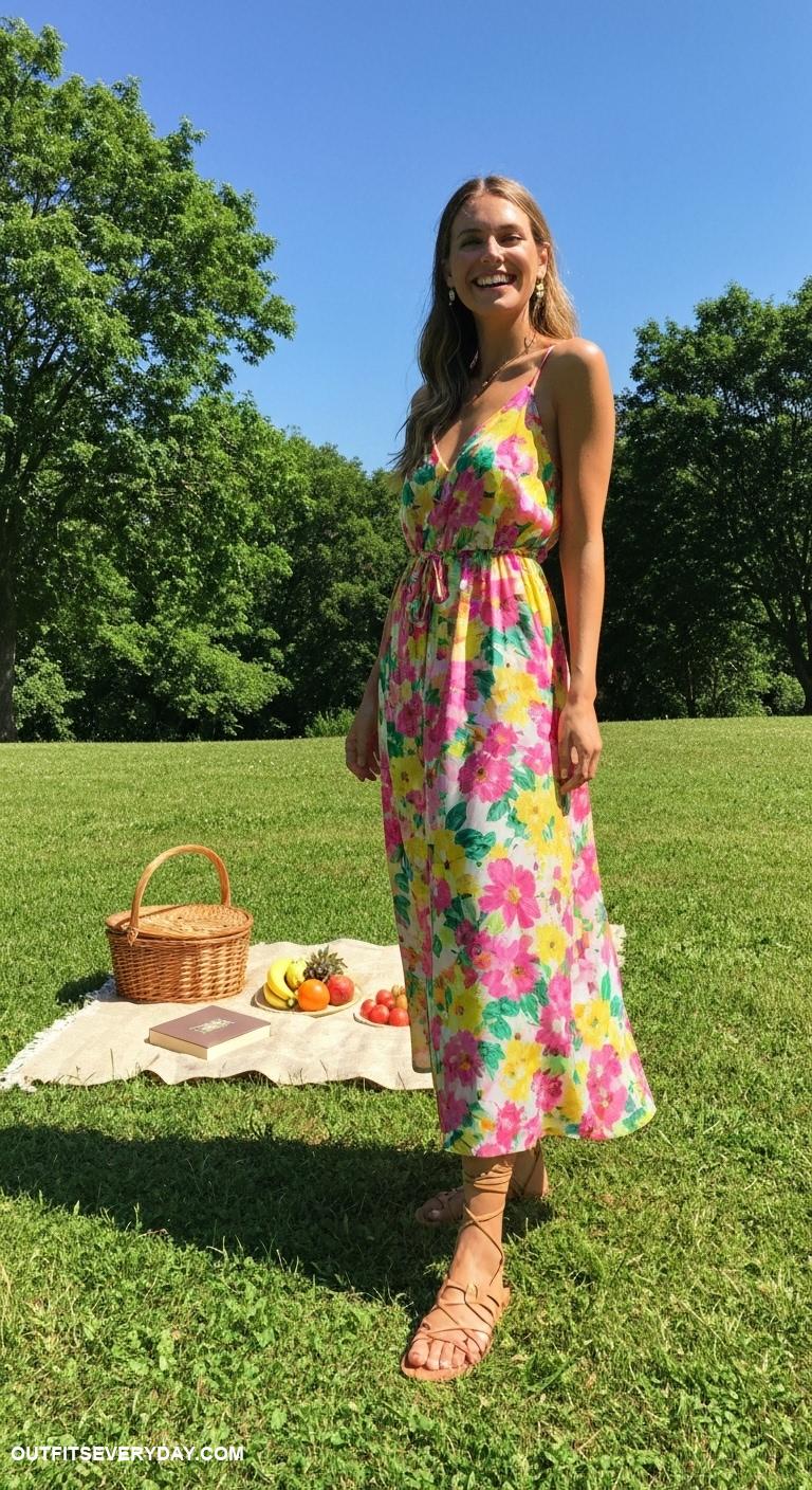 cute sandals outfits Floral maxi dress with tan gladiator sandals for a summer picnic