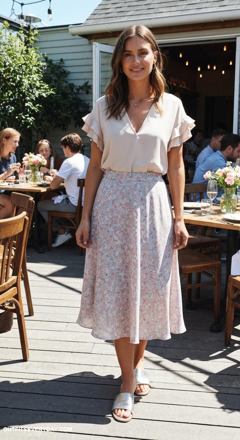 cute sandals outfits Midi skirt with a tucked blouse and metallic slide sandals for brunch