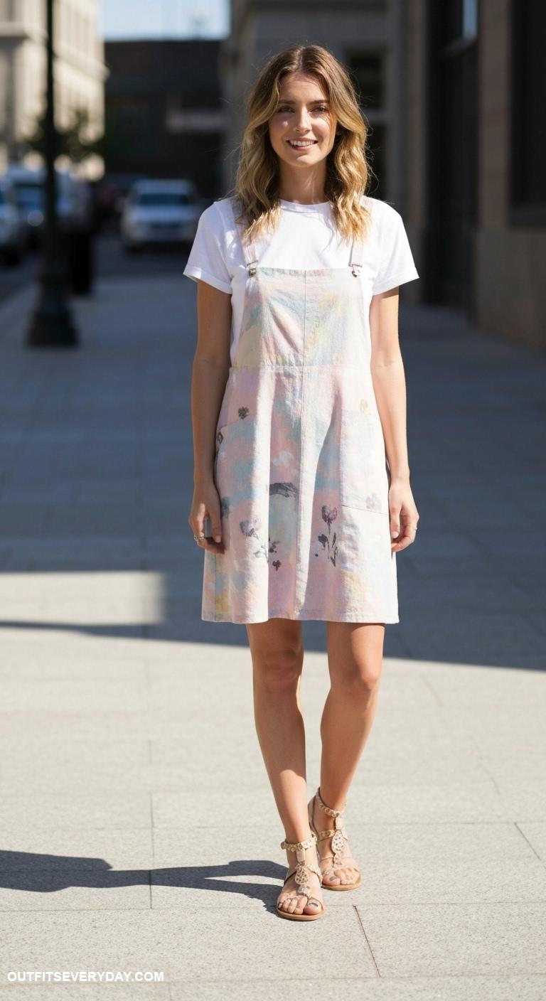 cute sandals outfits Pinafore dress layered over a t shirt with strappy sandals for an artsy vibe