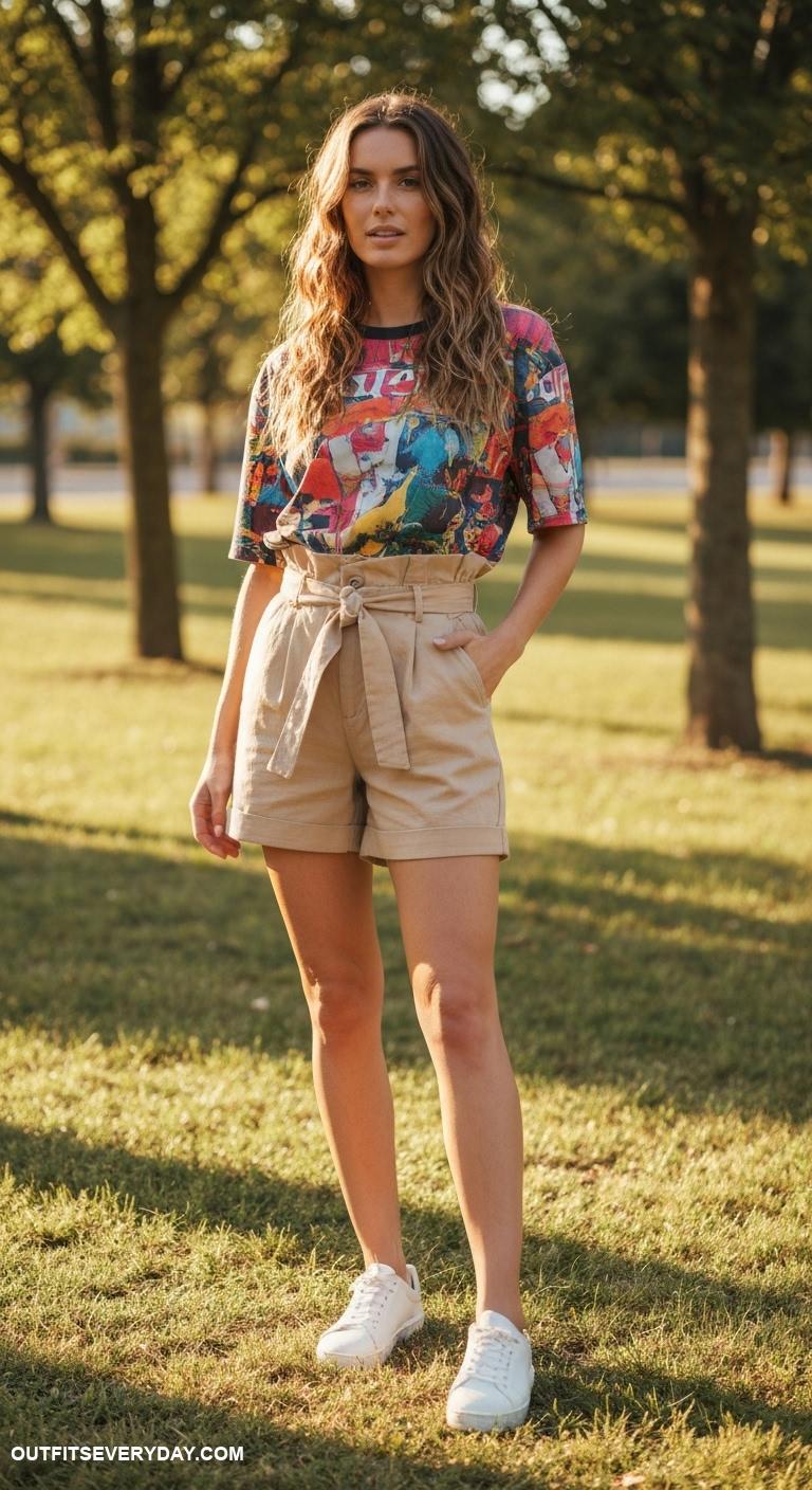 cute shorts outfits Belted paper bag shorts with an oversized graphic tee