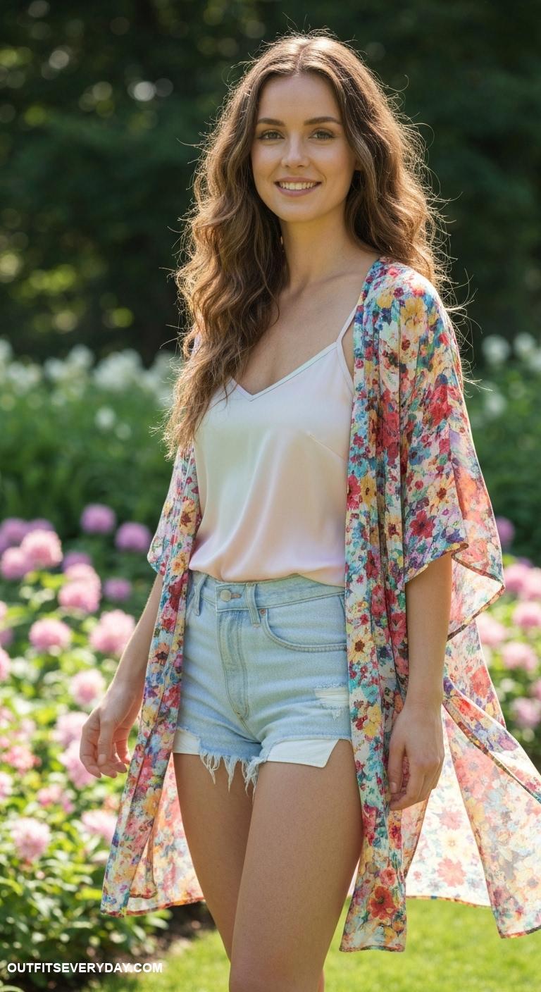 cute summer outfits Floral kimono over a spaghetti strap top and cutoff shorts