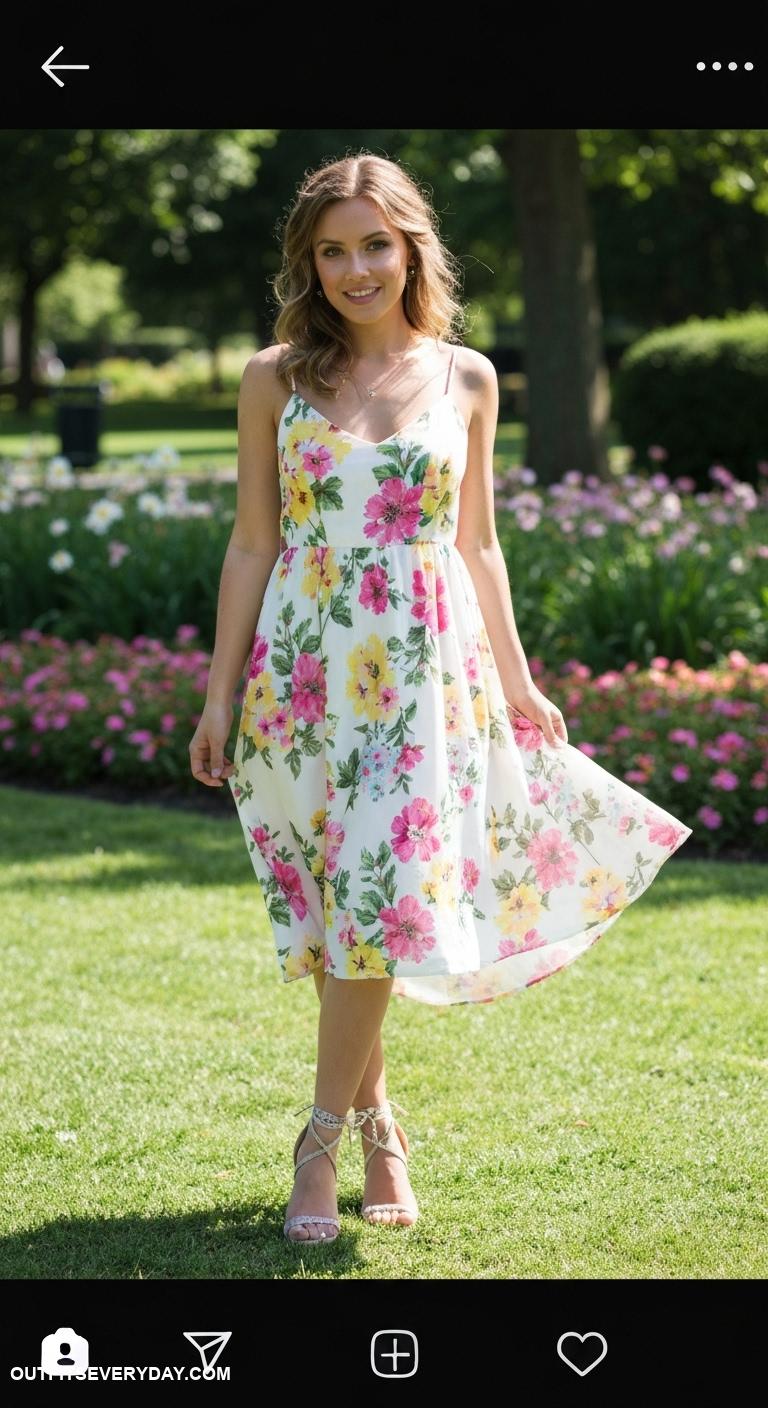 cute summer outfits Flowy white sundress with vibrant floral prints and strappy sandals
