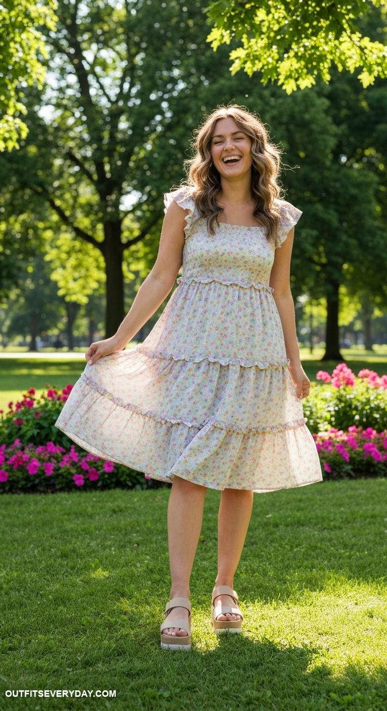cute summer outfits Knee length tiered dress with ruffles and chunky platform sandals