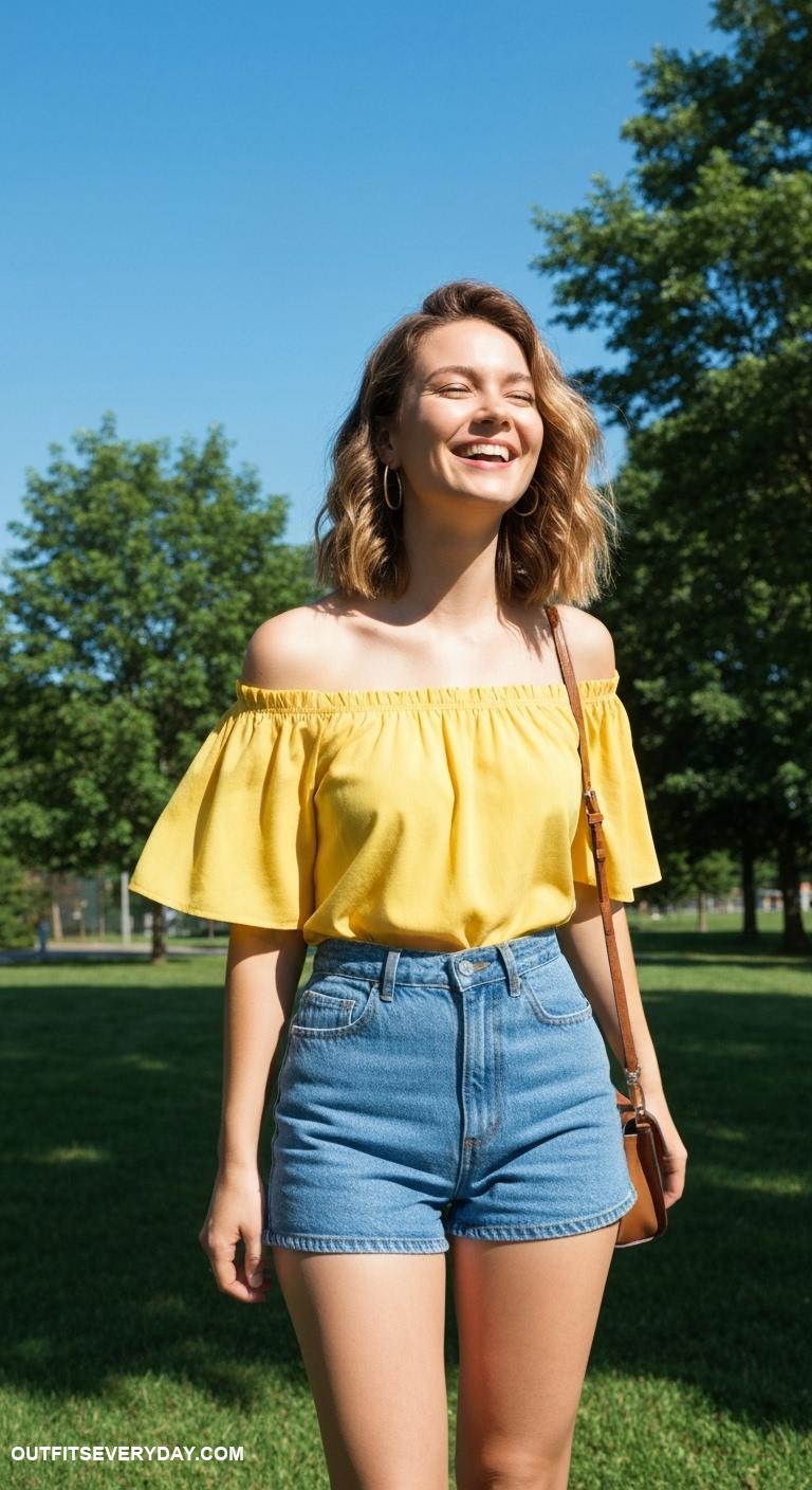 cute summer outfits Off shoulder yellow blouse paired with high waisted denim shorts