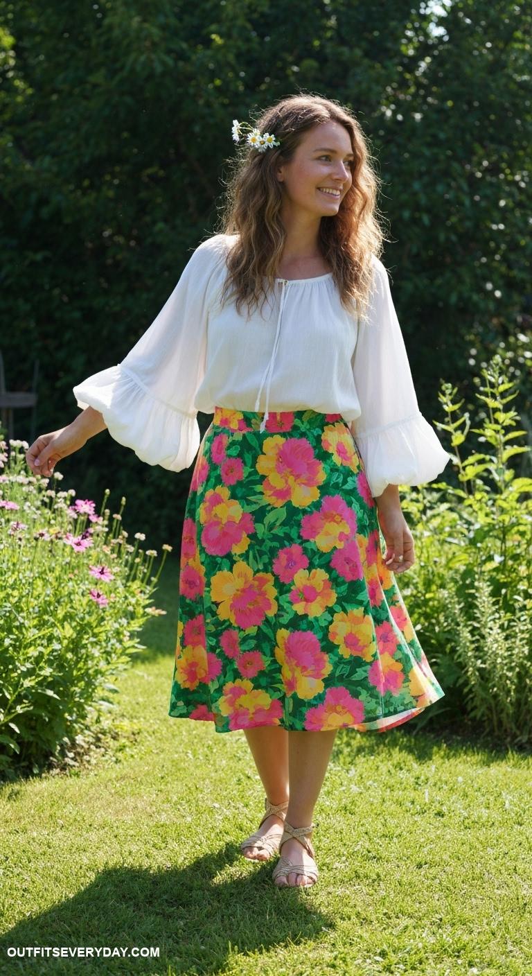 cute summer outfits Peasant blouse with billowy sleeves matched with a vibrant midi skirt