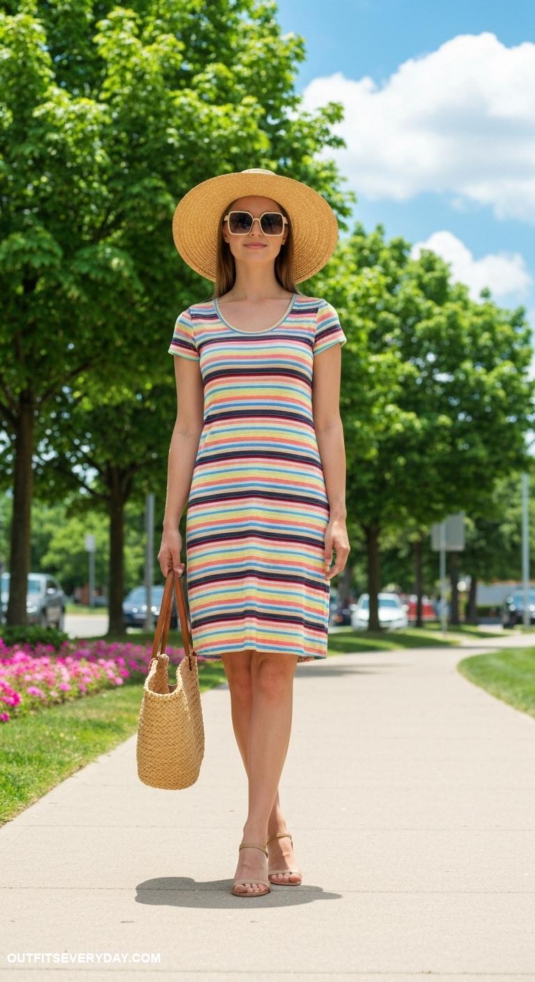 cute summer outfits Striped jersey dress accessorized with a wide brim hat and sunglasses