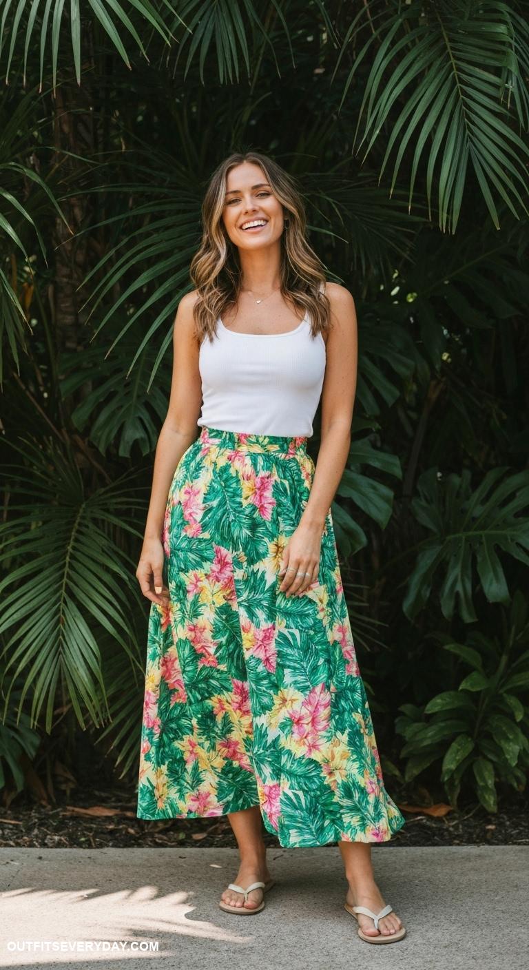 cute summer outfits Tropical print maxi skirt with a fitted tank top and flip flops