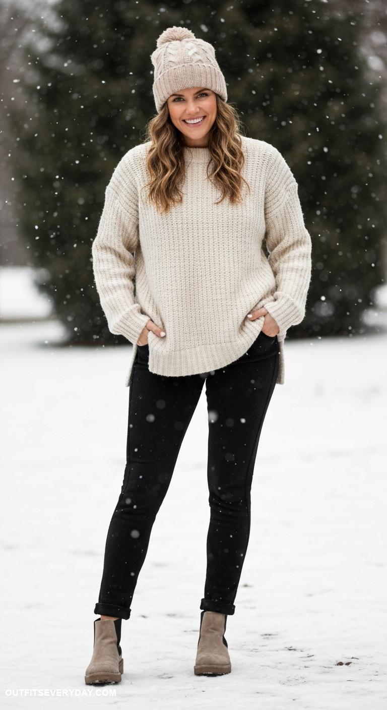 cute winter outfits Fleece lined leggings with an oversized knit sweater and beanie