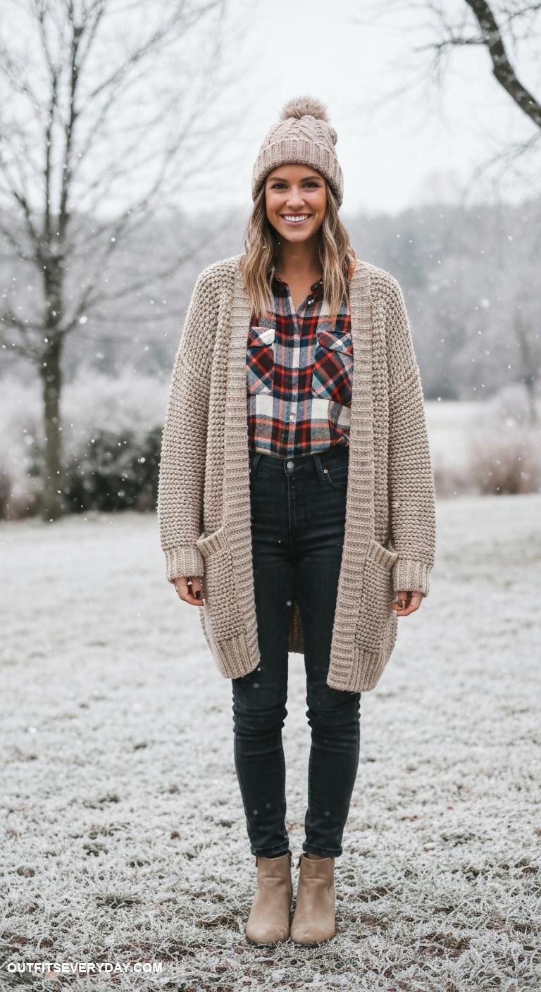cute winter outfits Plaid flannel shirt layered under a cozy oversized cardigan