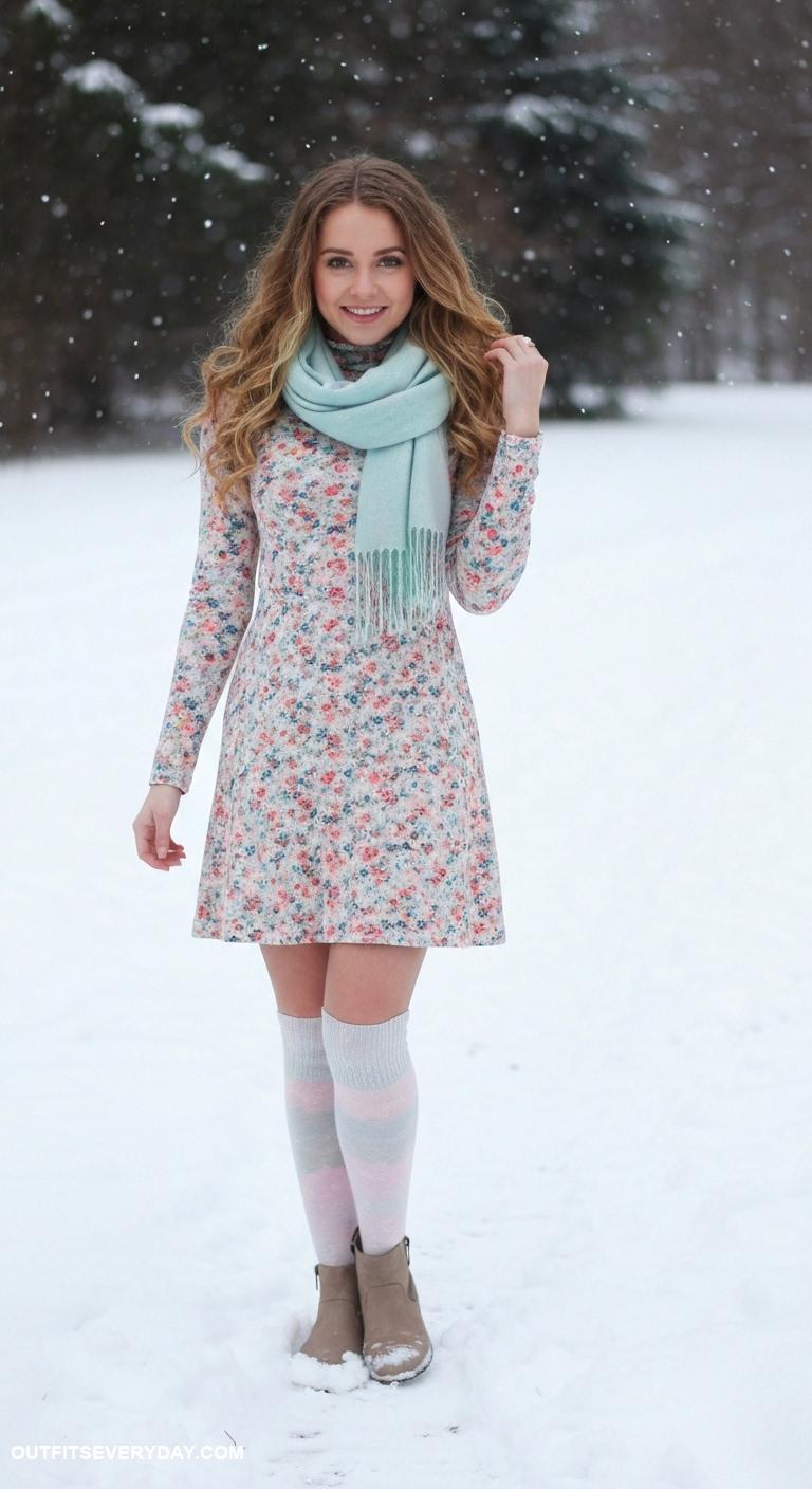 cute winter outfits Winter floral dress with a turtleneck and knee high socks