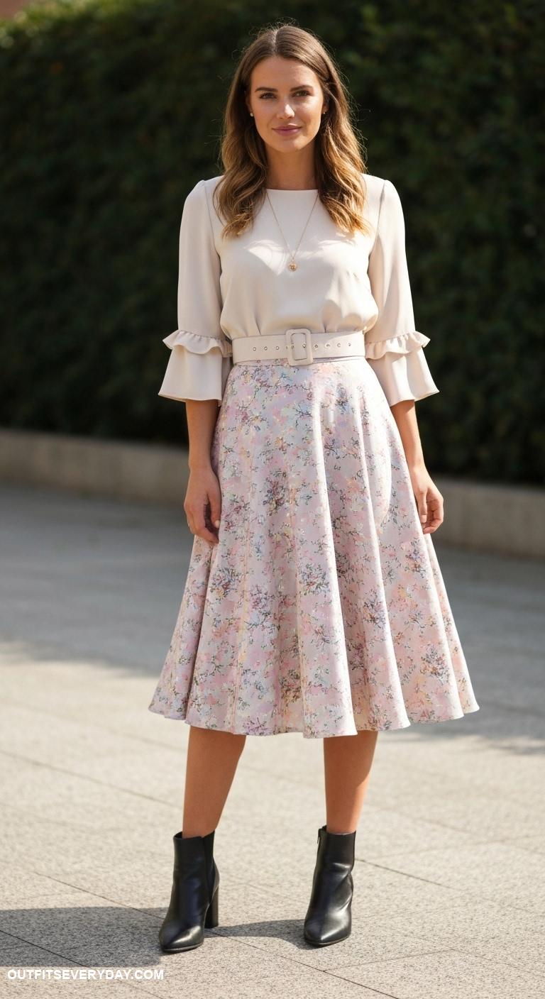 elegant classy outfits A Line midi skirt paired with a chic belted blouse and ankle boots