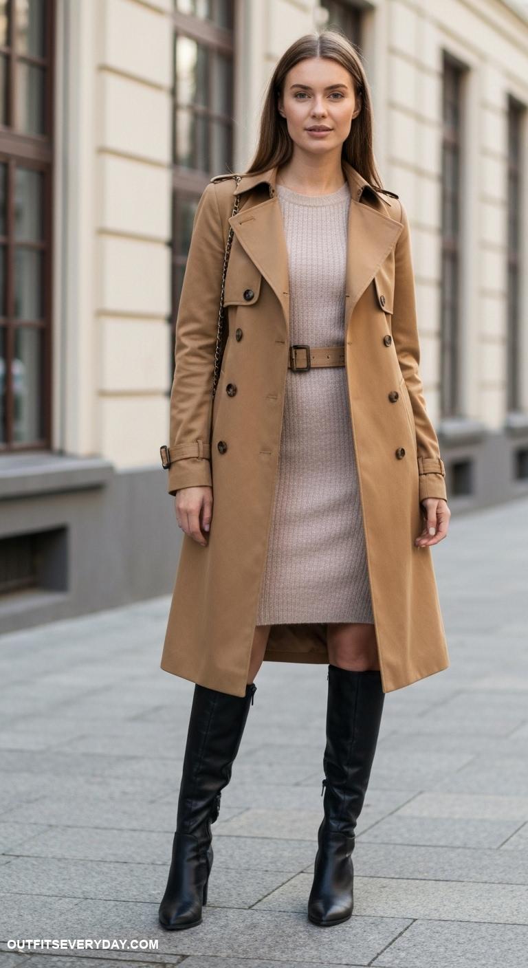 elegant classy outfits Classic trench coat layered over a knit dress and knee high boots
