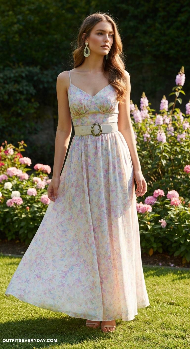 elegant classy outfits Flowy maxi dress with a statement belt and elegant drop earrings