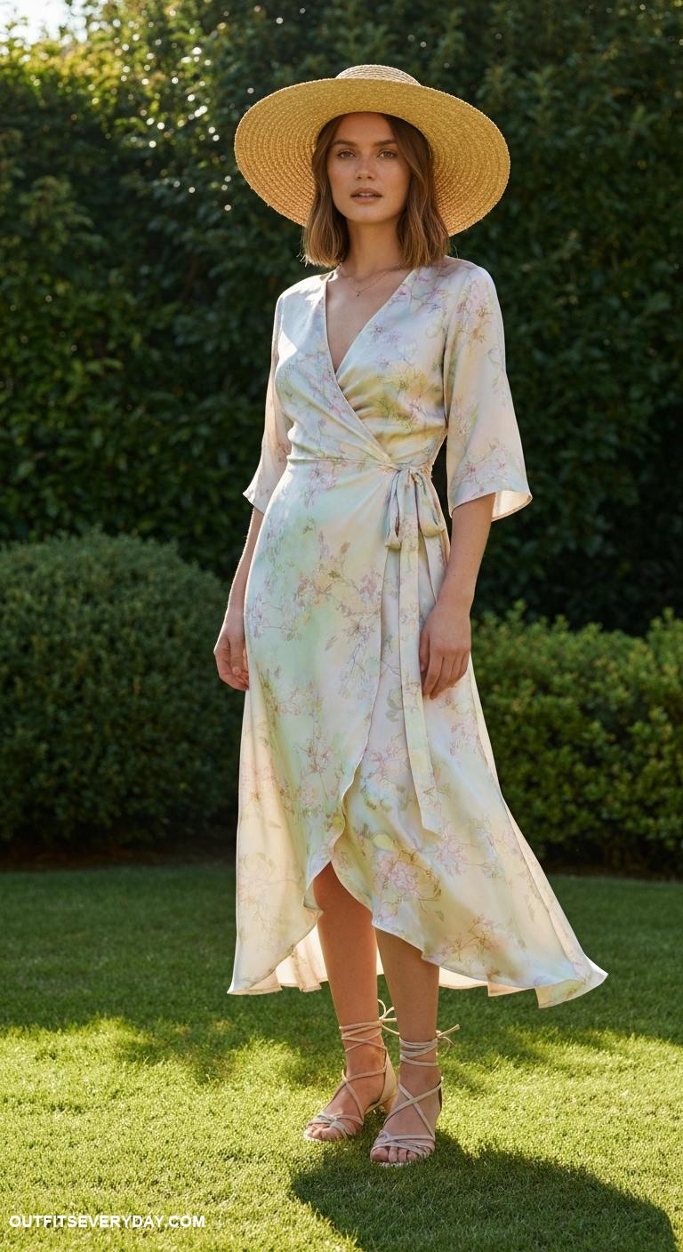 elegant classy outfits Silk wrap dress with a wide brim hat and strappy sandals