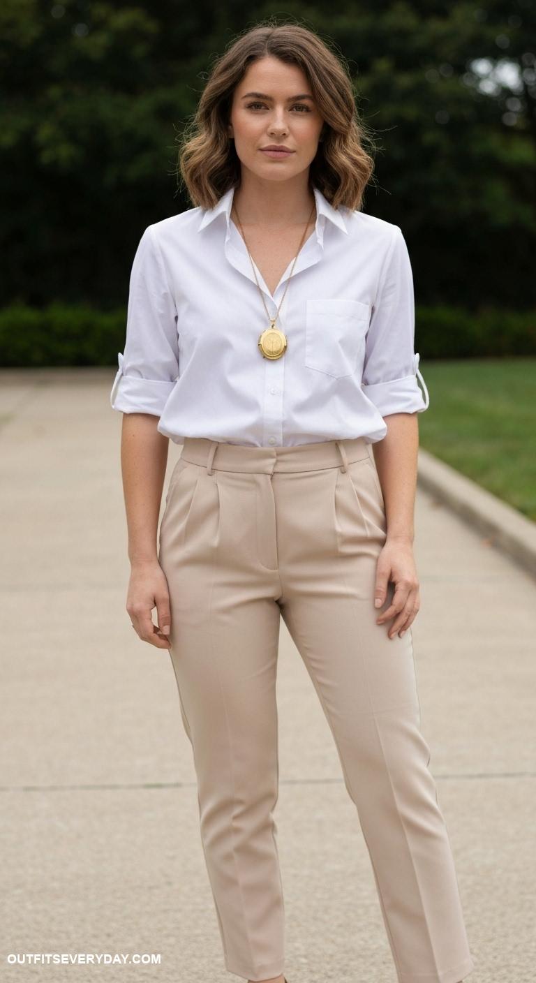 gold necklace outfits Add a vintage gold locket to a classic button up shirt and trousers