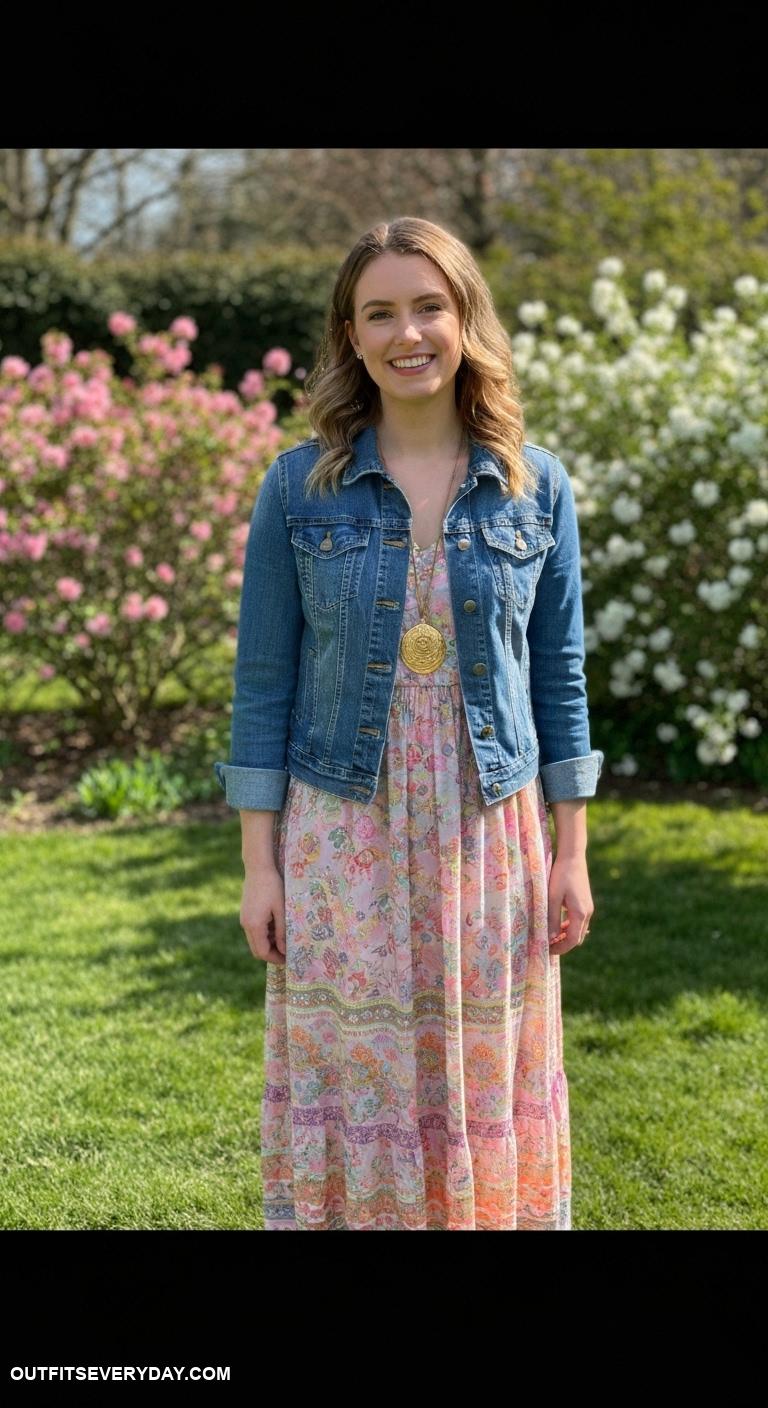 gold necklace outfits Combine a gold pendant with a denim jacket and floral dress for spring
