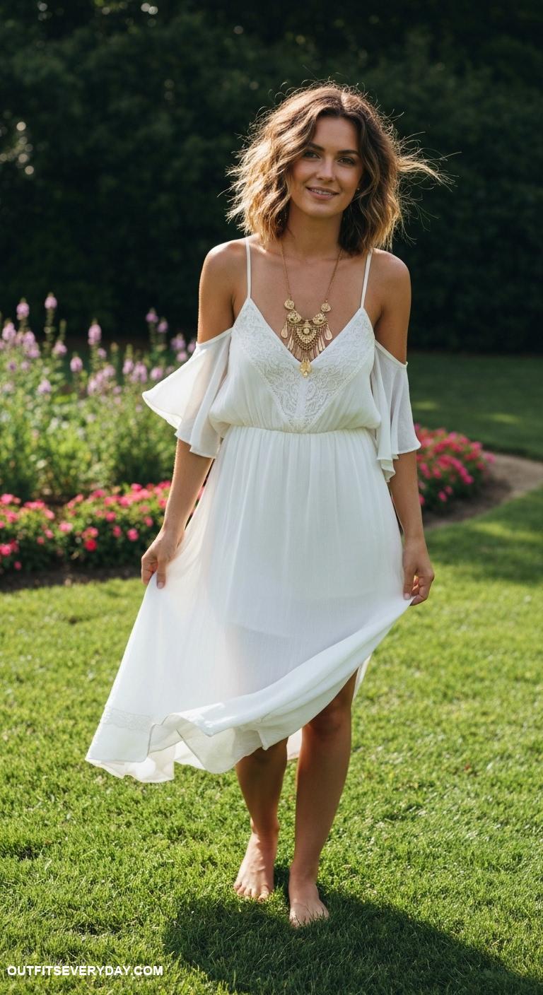 gold necklace outfits Pair a gold necklace with a white flowy sundress for a breezy look