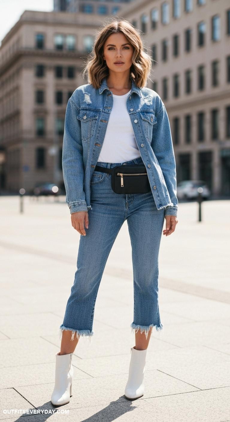 jean jacket outfits Accessorie with a belt bag and cropped jeans