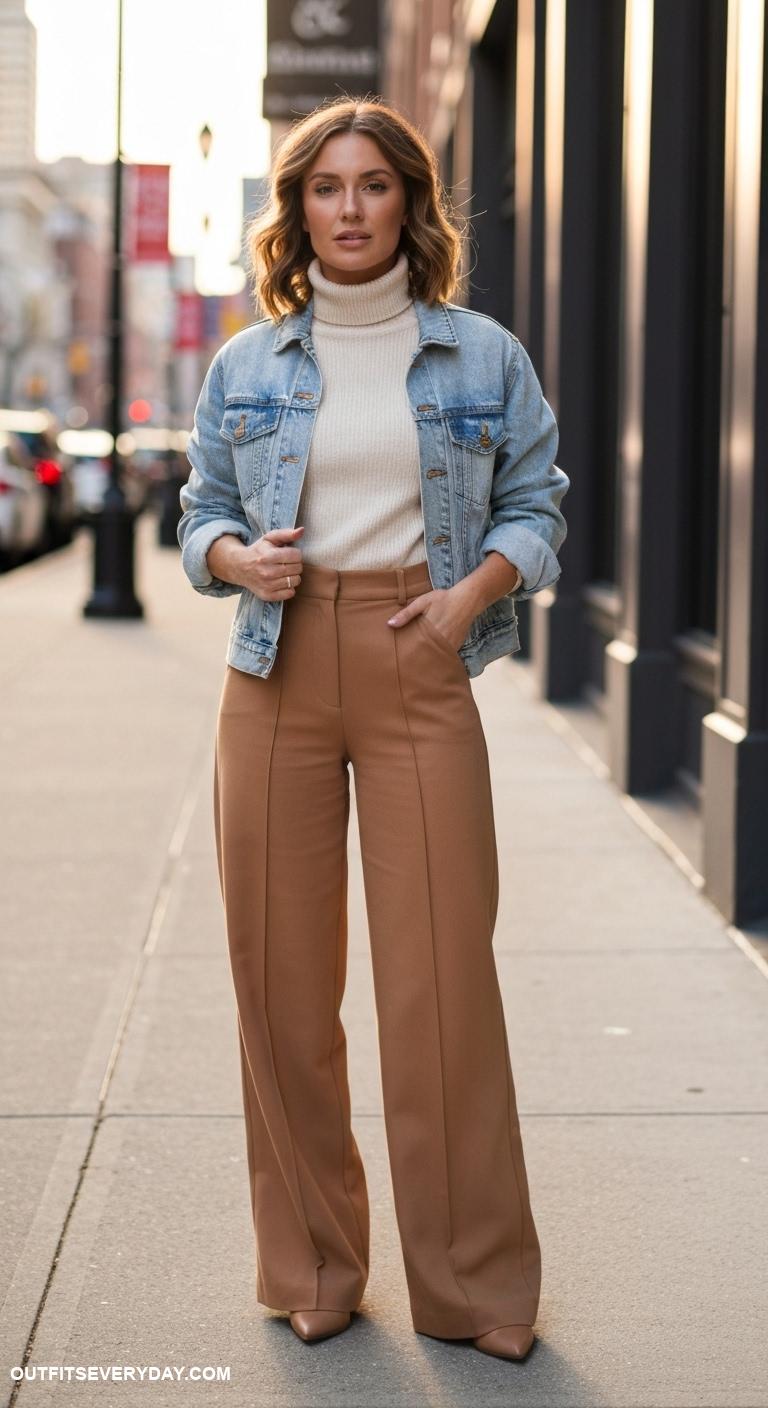 jean jacket outfits Combine with a turtleneck sweater and wide leg trousers