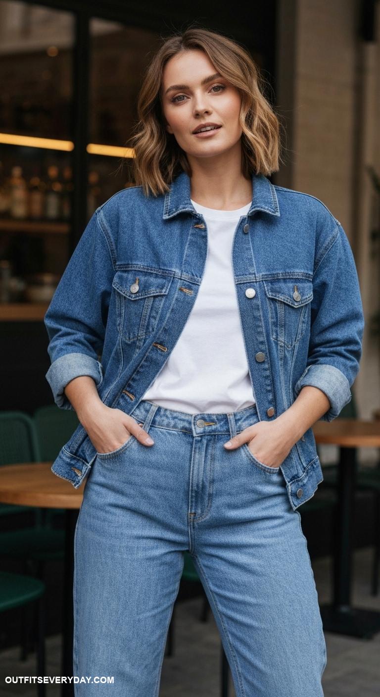 jean jacket outfits Completing a monochrome look with denim jacket and matching bottom