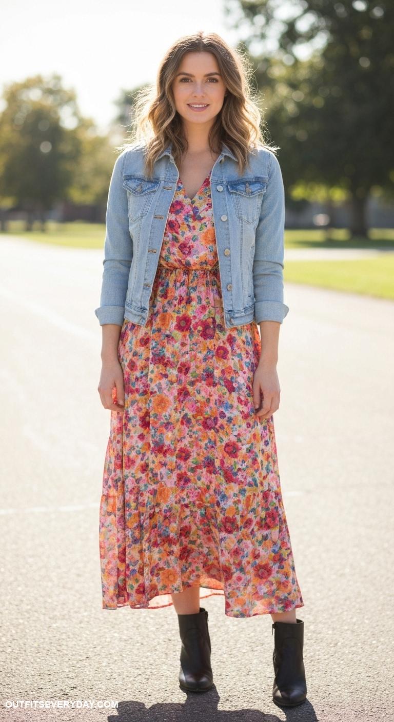 jean jacket outfits Layer over a floral maxi dress and add ankle boots