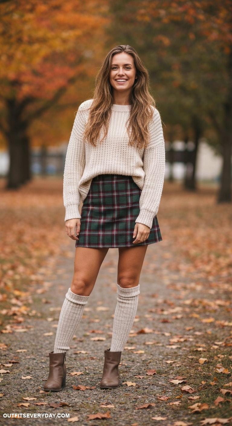 mini skirt outfit Combine a plaid mini skirt with a cozy knit sweater and knee high socks