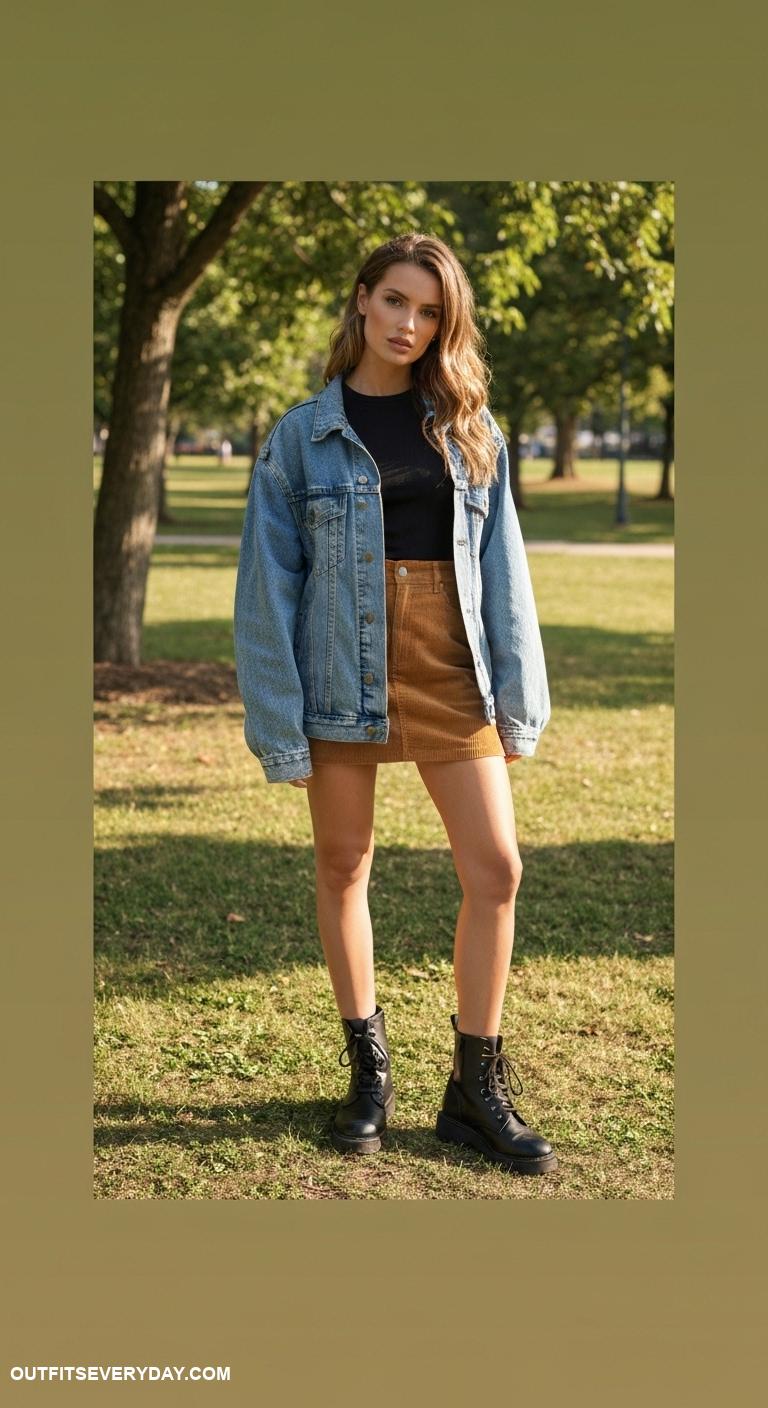 mini skirt outfit Team a corduroy mini skirt with an oversized denim jacket and combat boots