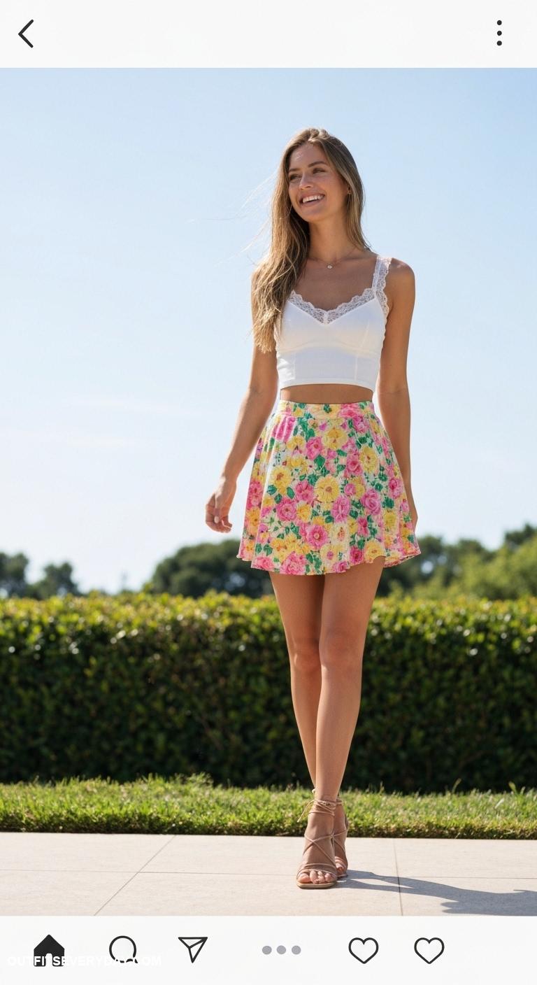 mini skirt outfit Wear a flowy floral mini skirt with a crop top and strappy sandals