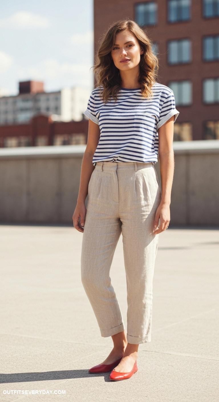 red flats outfits Combine red flats with beige linen trousers and a striped t shirt