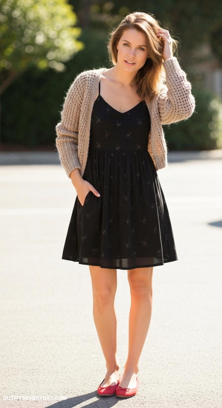 red flats outfits Layer red flats with a chunky knit cardigan over a black sundress