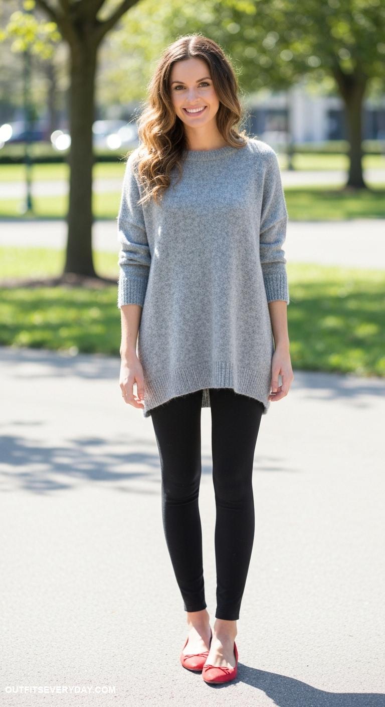 red flats outfits Team red flats with a grey oversized sweater and black leggings