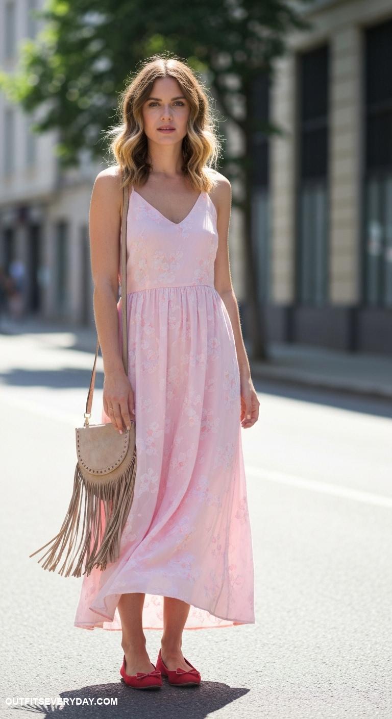 red flats outfits Use red flats to complement a pastel pink maxi dress and fringe bag