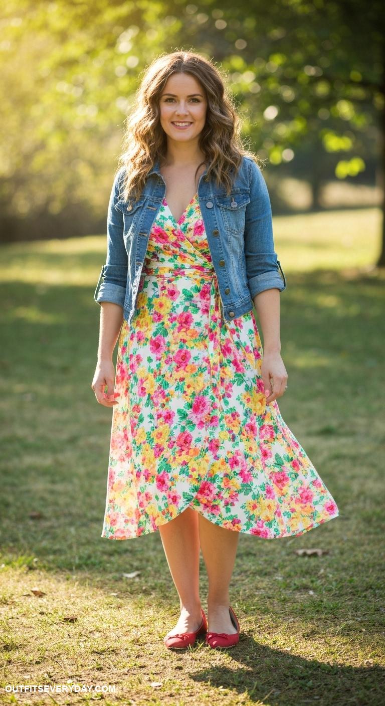 red flats outfits Wear red flats with a floral wrap dress and a denim jacket