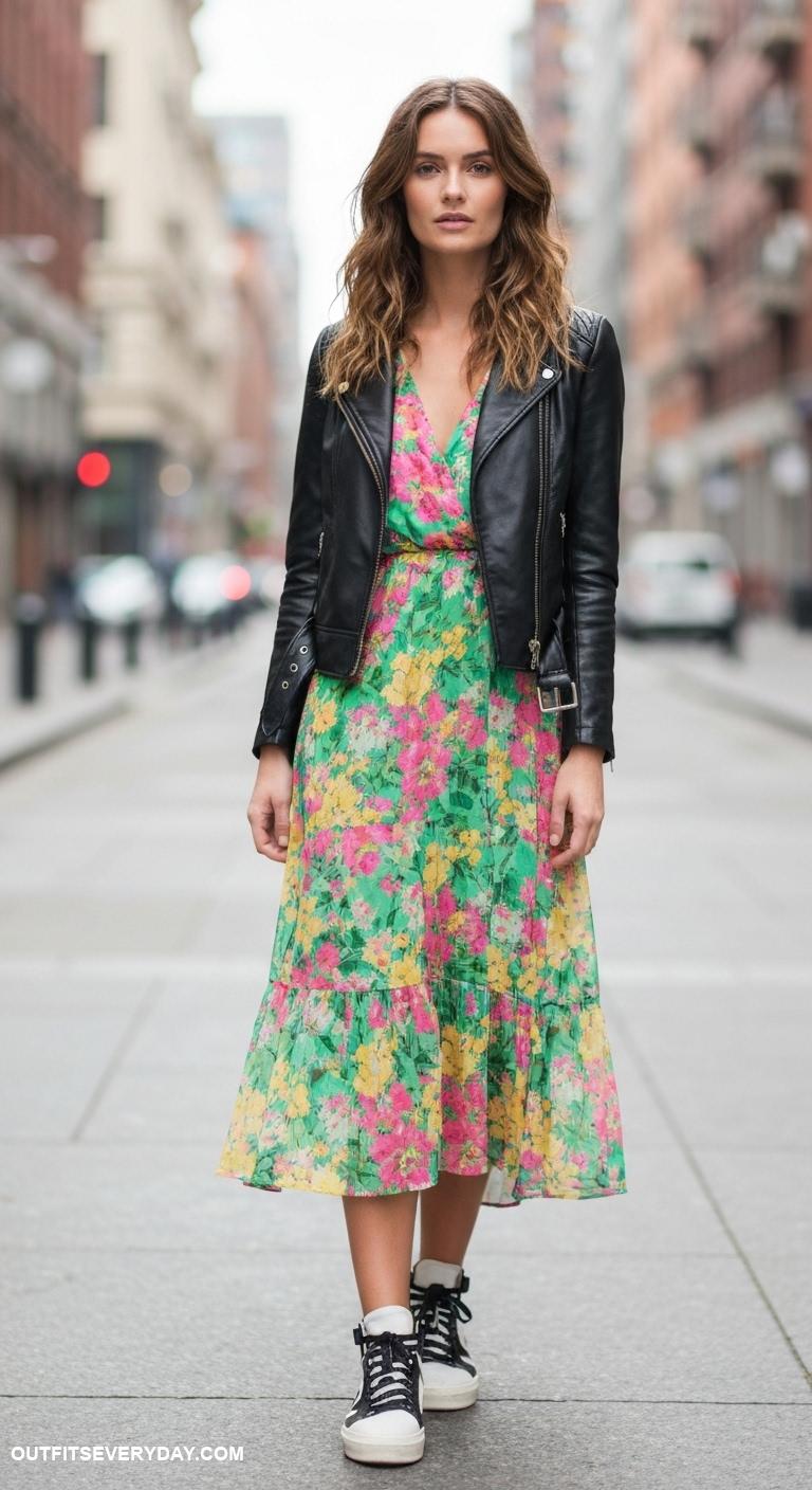 sneaker outfits women Black leather jacket over floral midi dress and high top sneakers