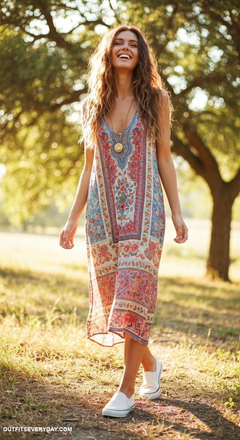 sneaker outfits women Bohemian maxi dress styled with slip on canvas sneakers