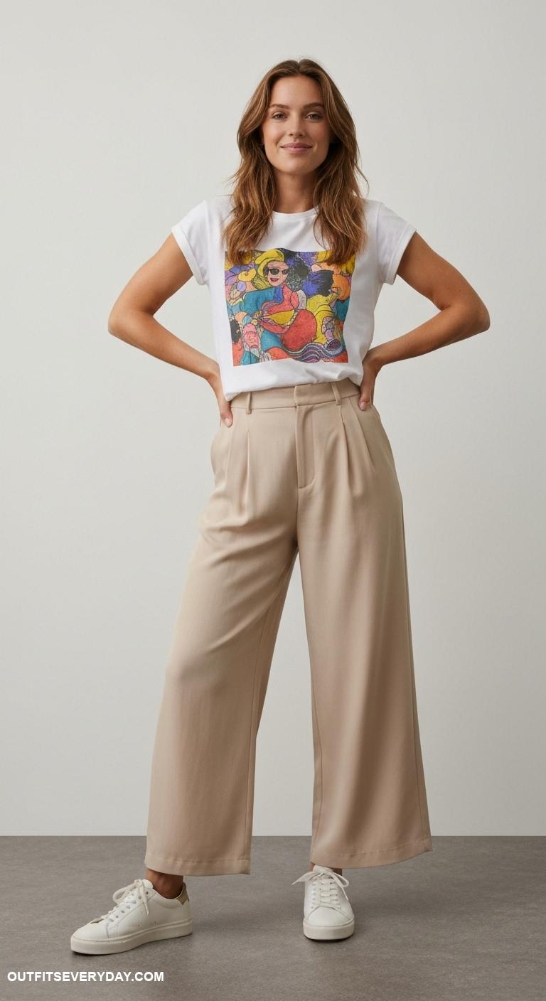 sneaker outfits women Graphic tee tucked into high waisted wide leg trousers with low top sneakers