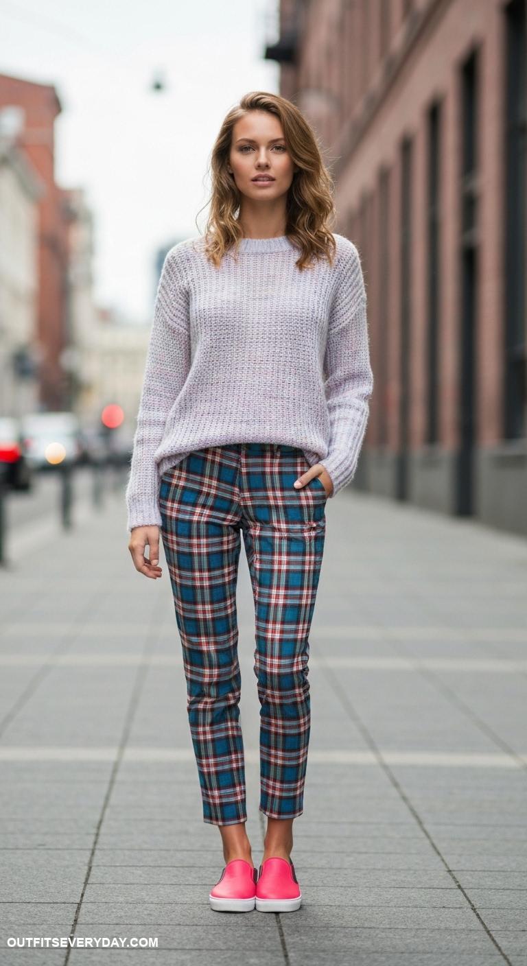 sneaker outfits women Knit sweater with plaid trousers and bright slip on sneakers