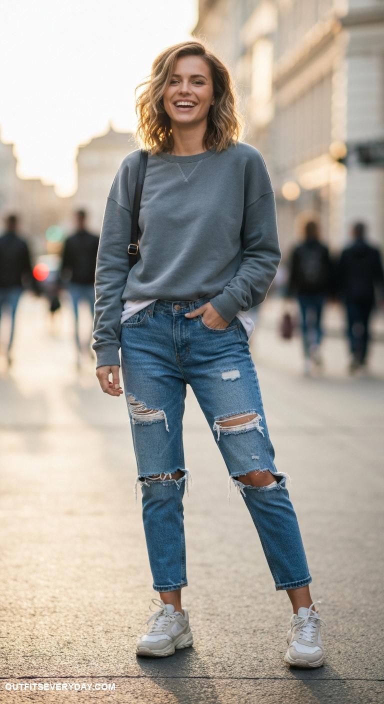sneaker outfits women Ripped jeans with oversized sweatshirt and trendy dad sneakers