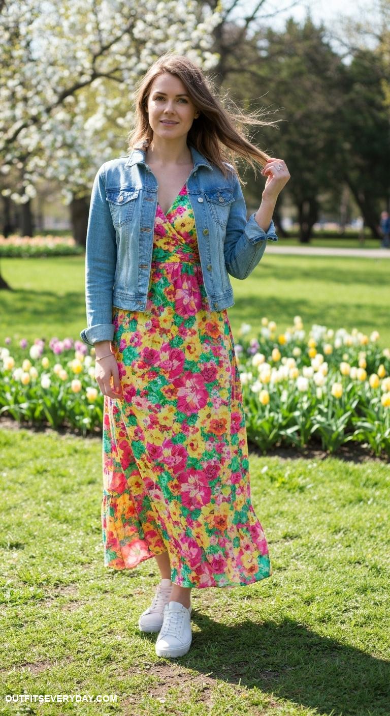 spring dress outfits Floral maxi dress paired with a denim jacket and white sneakers