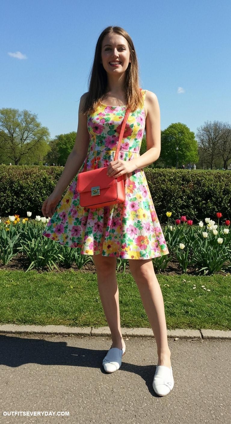 spring dress outfits Floral print skater dress with bright crossbody bag and slip on shoes