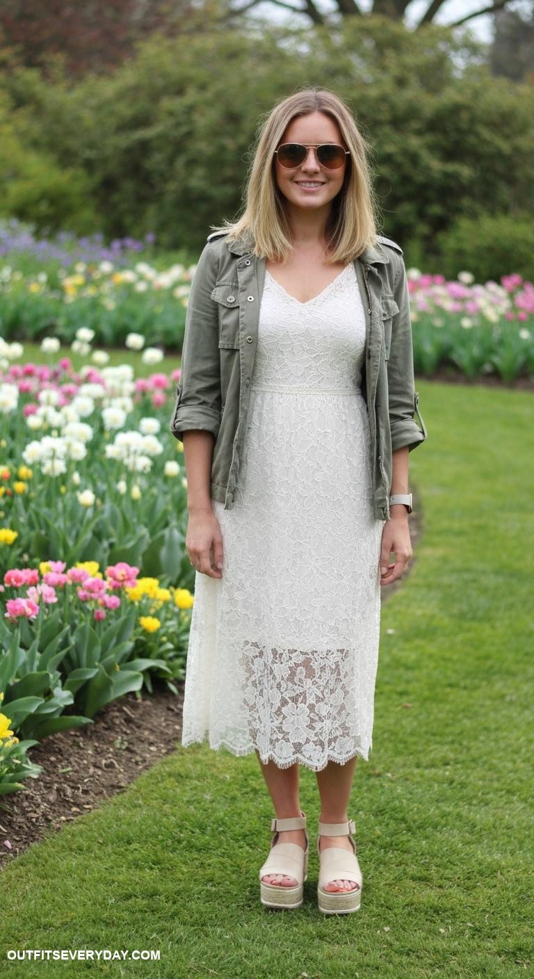 spring dress outfits Lace midi dress layered with a utility jacket and platform sandals