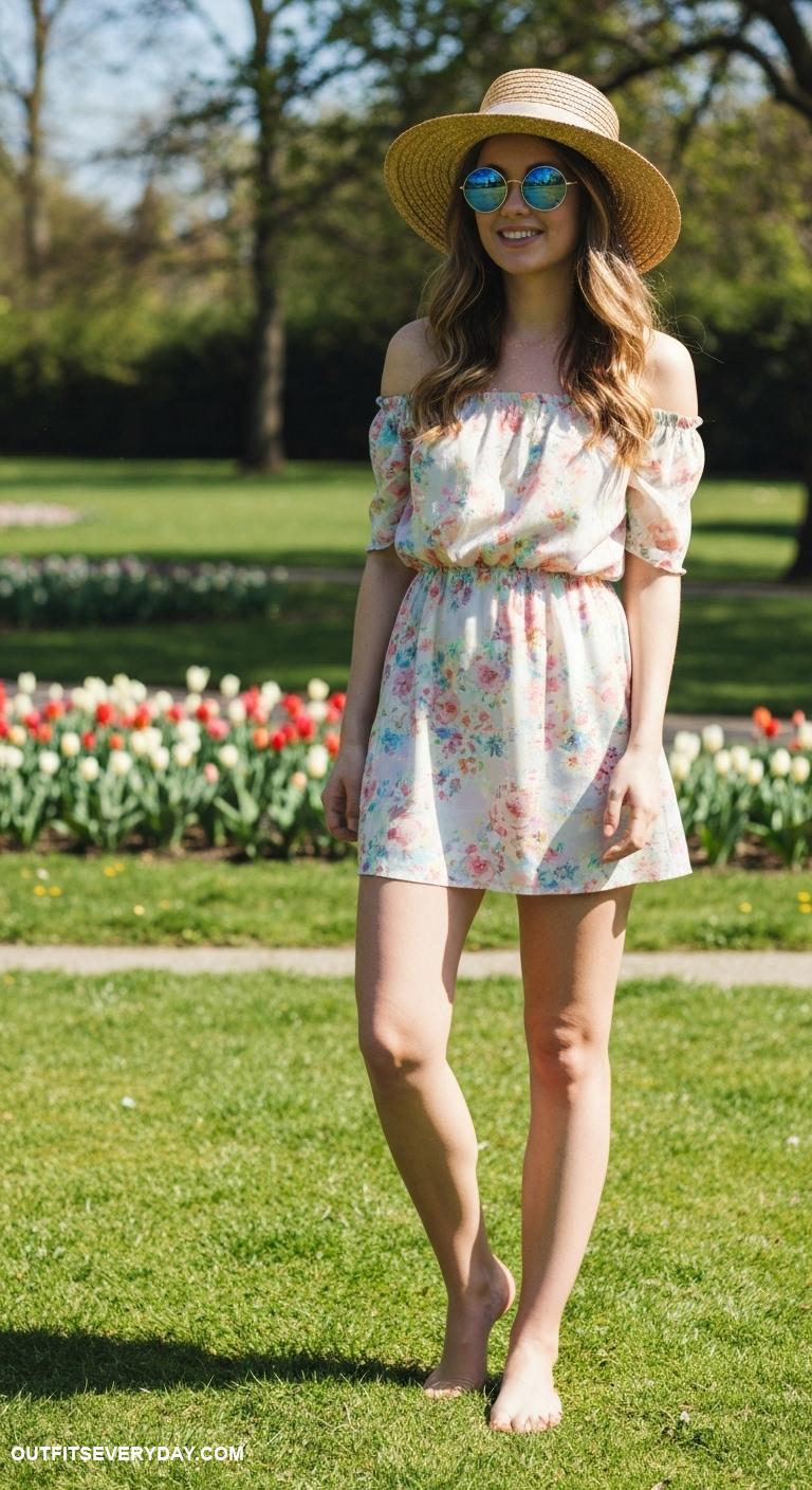 spring dress outfits Off the shoulder mini dress matched with oversized sunglasses and straw hat