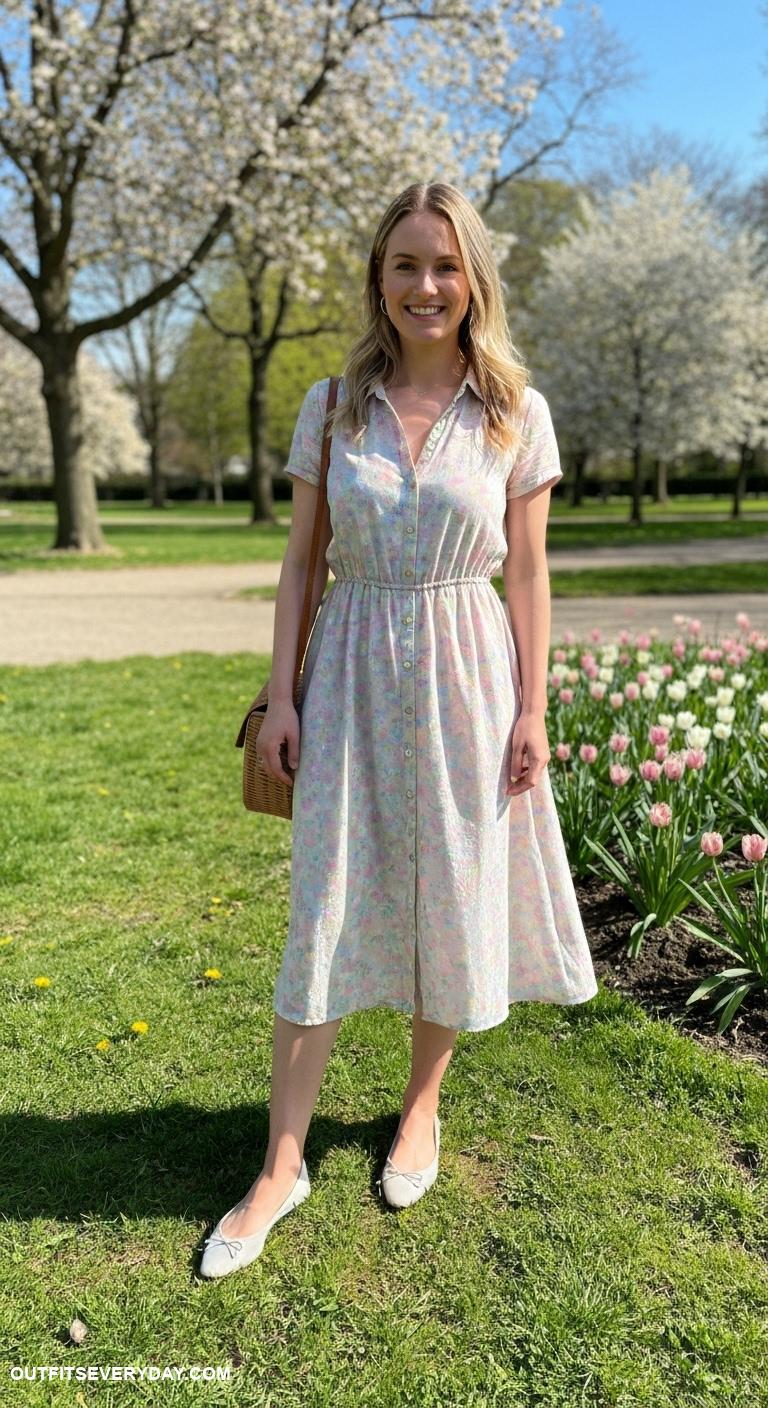 spring dress outfits Pastel colored button up dress accessorized with a woven bag and ballet flats