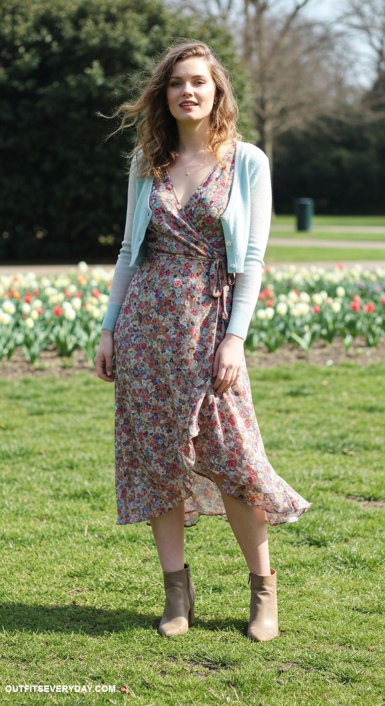 spring dress outfits Patterned wrap dress with ankle boots and a cropped cardigan