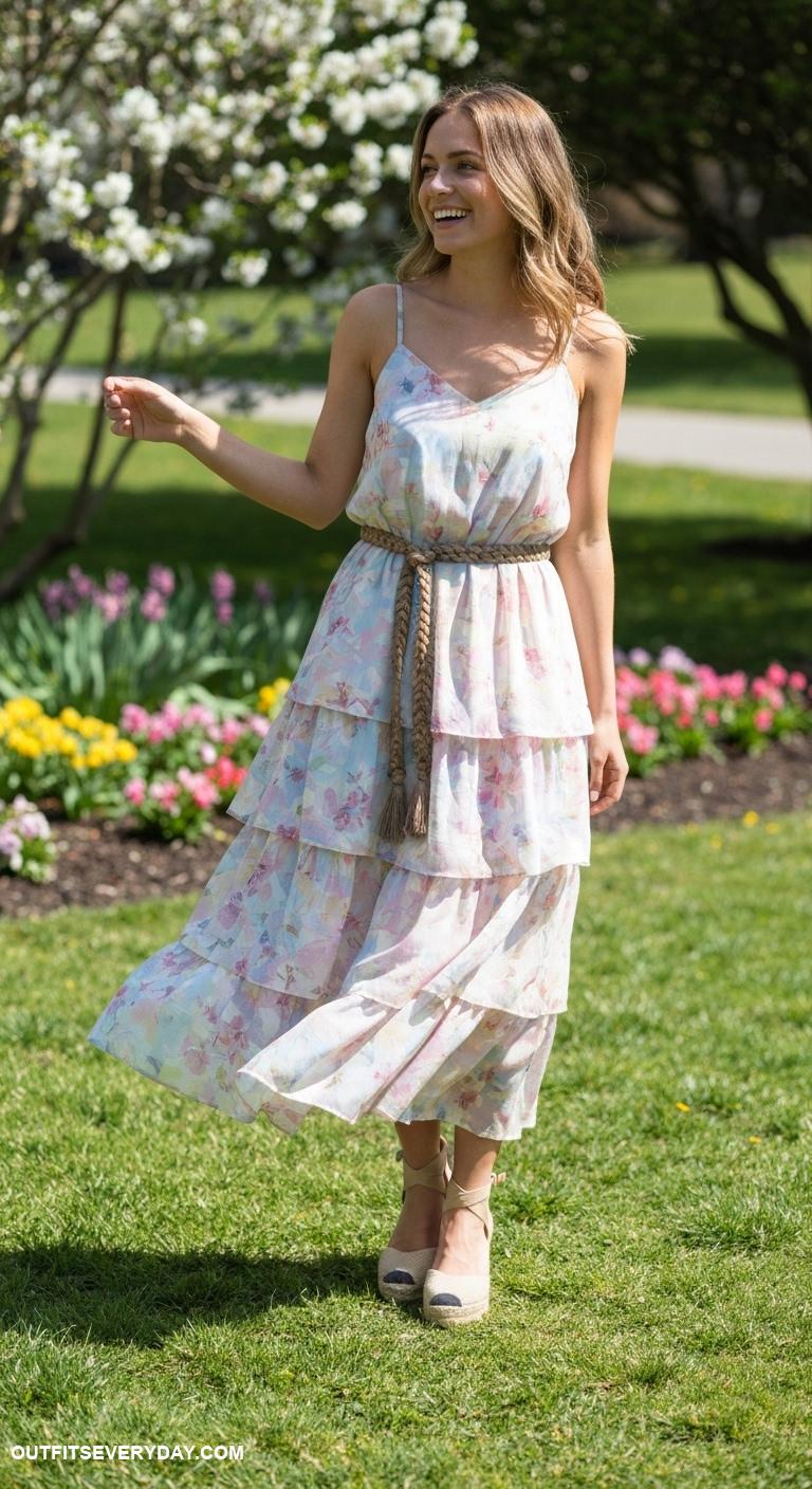 spring dress outfits Tiered sundress with a braided belt and espadrille wedges