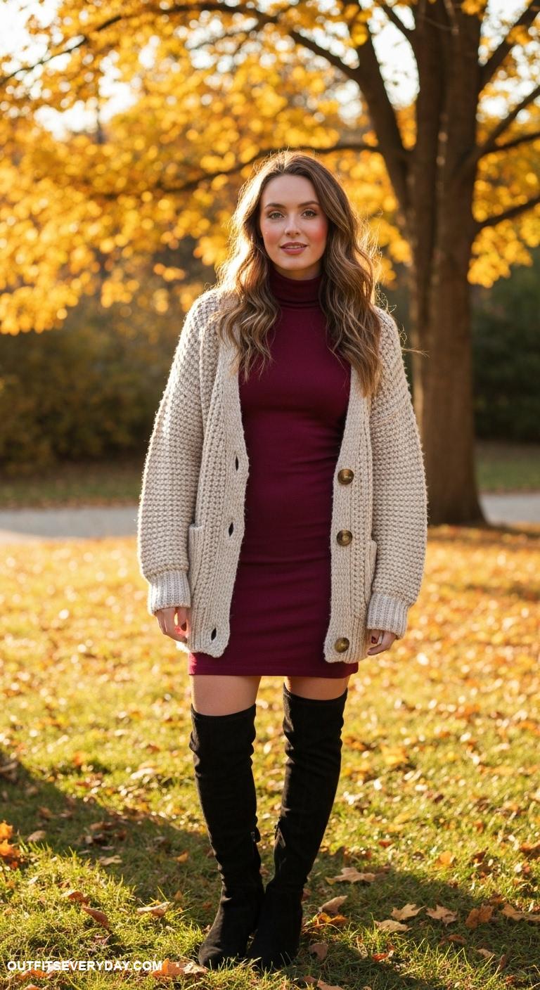 sweater weather outfits Chunky knit cardigan layered over a fitted turtleneck dress