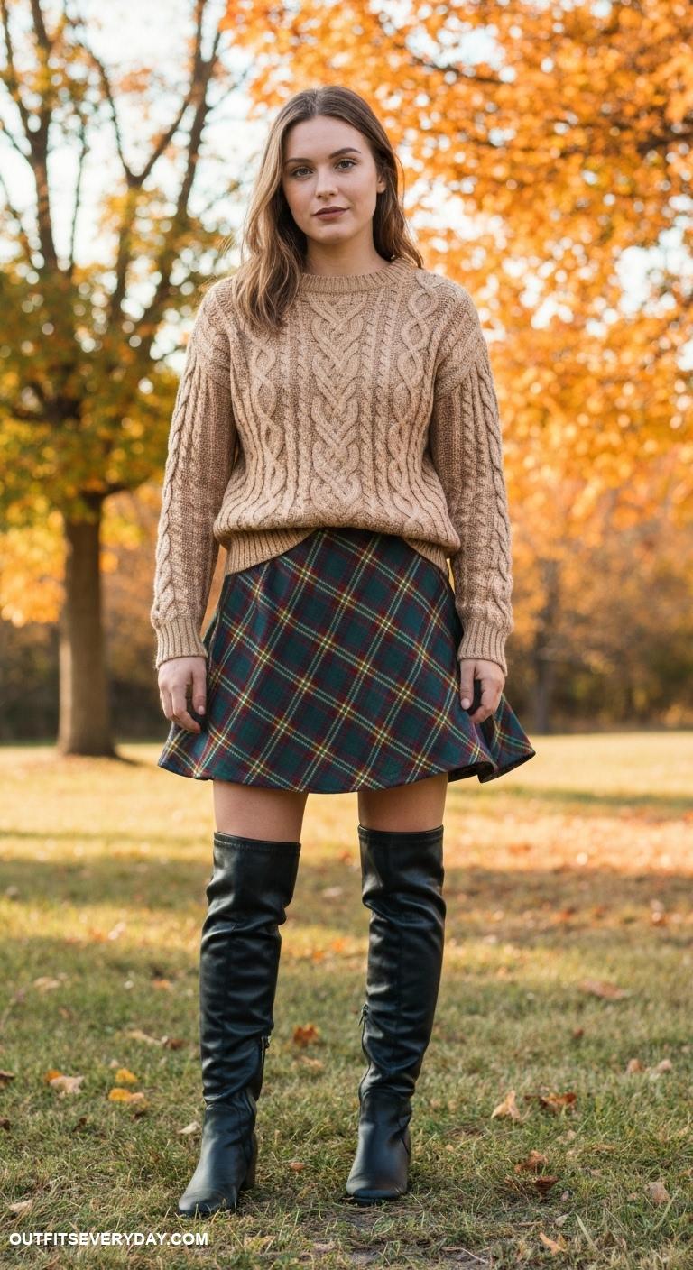 sweater weather outfits Classic cable knit sweater with a plaid skirt and knee high boots