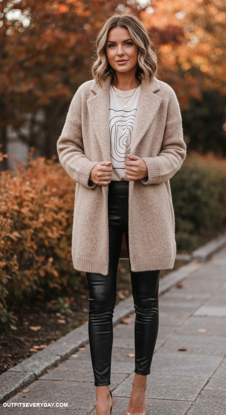 sweater weather outfits Cozy sweater coat worn with a graphic tee and leather leggings